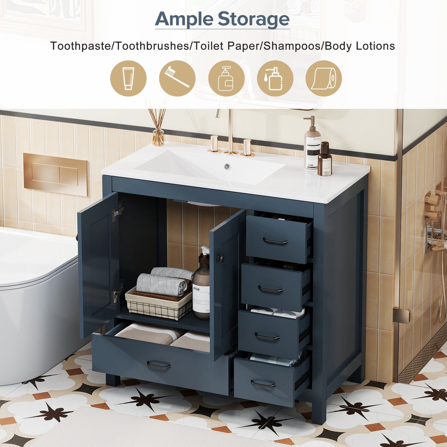 Bathroom Vanity With Ceramic Sink Combo, Abundant Storage Cabinet 2 Soft Close Doors And 5 Drawers