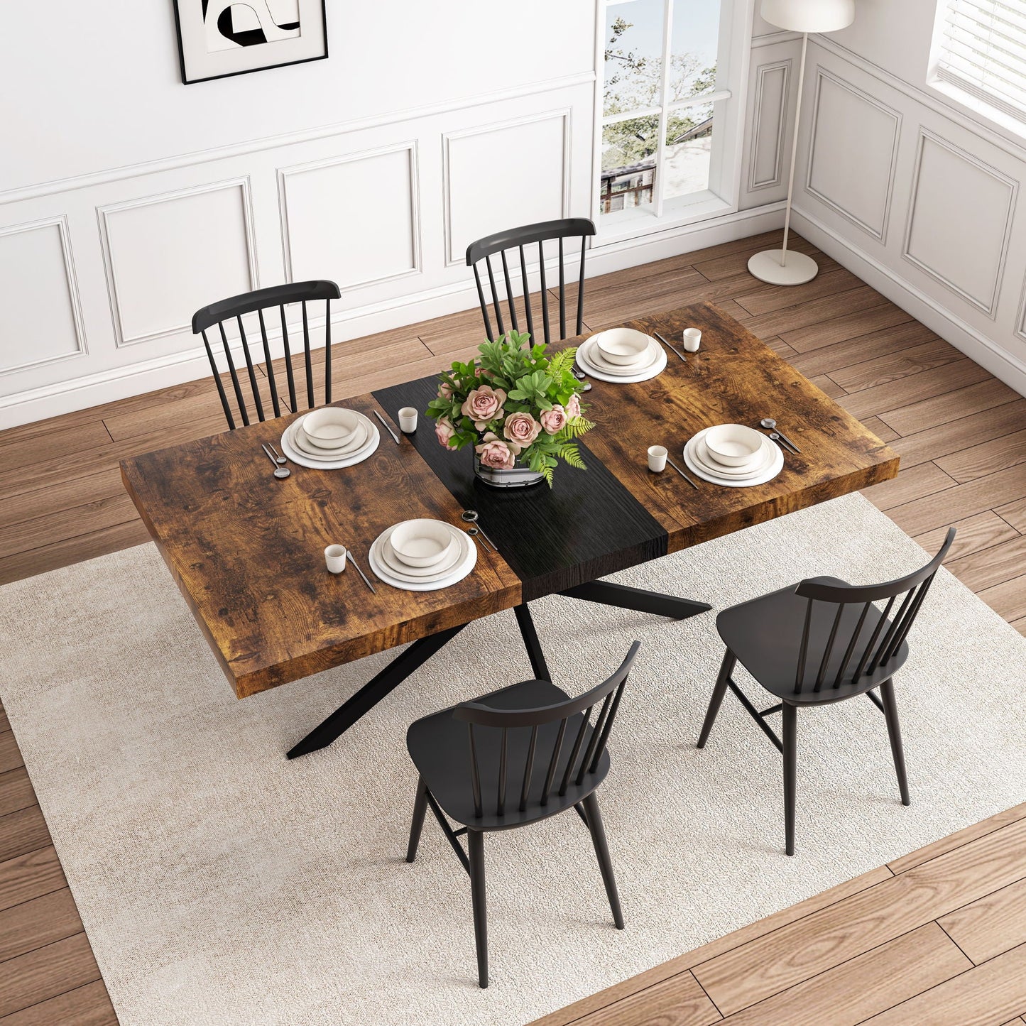 Retro Rectangular Stretch Dining Table With Embossed Center Plate