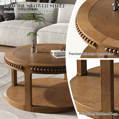 31.5" Round Solid Wood Coffee Table — Two-Tier Shelf, Natural Finish