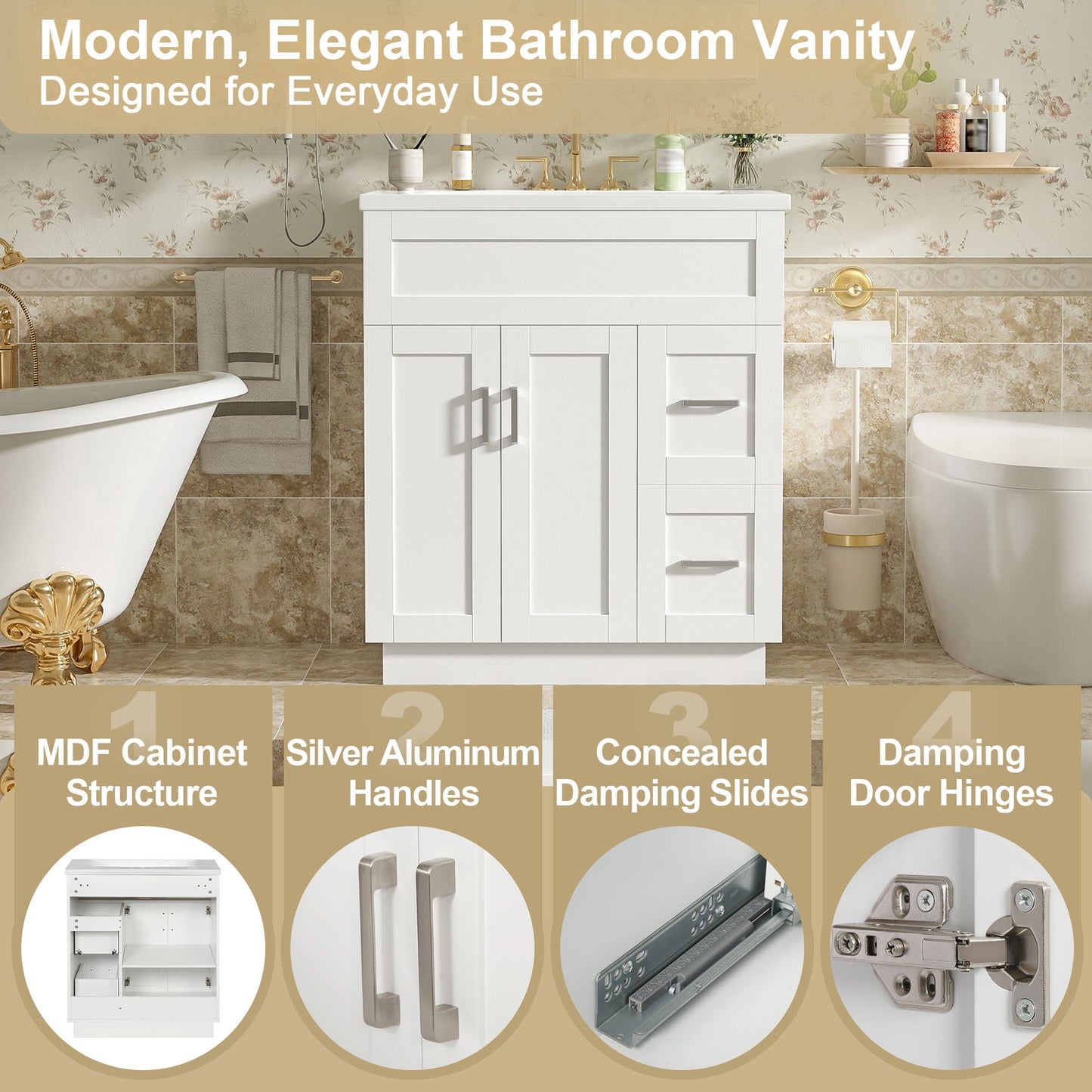 Bathroom Vanity With 2 Doors, 2 Drawers, Adjustable Shelf, Hidden Slides & Soft Close Hinges