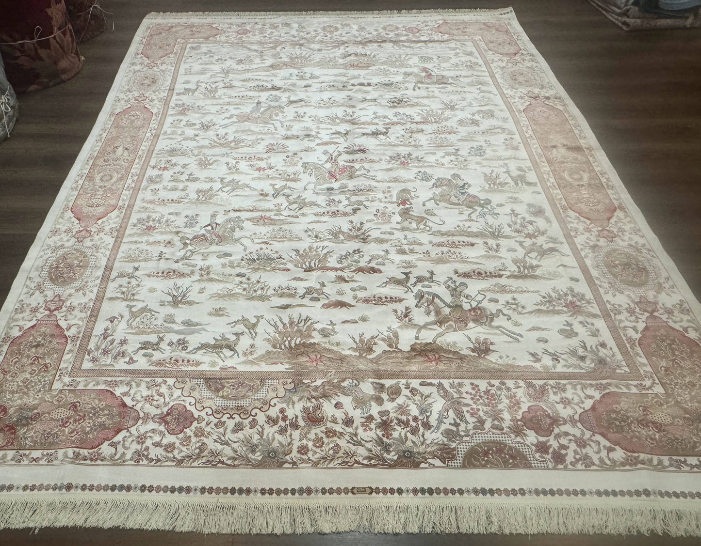 Large Turkish Silk Rug 8x10, Ivory, Hunting Design, Bamboo Silk, New