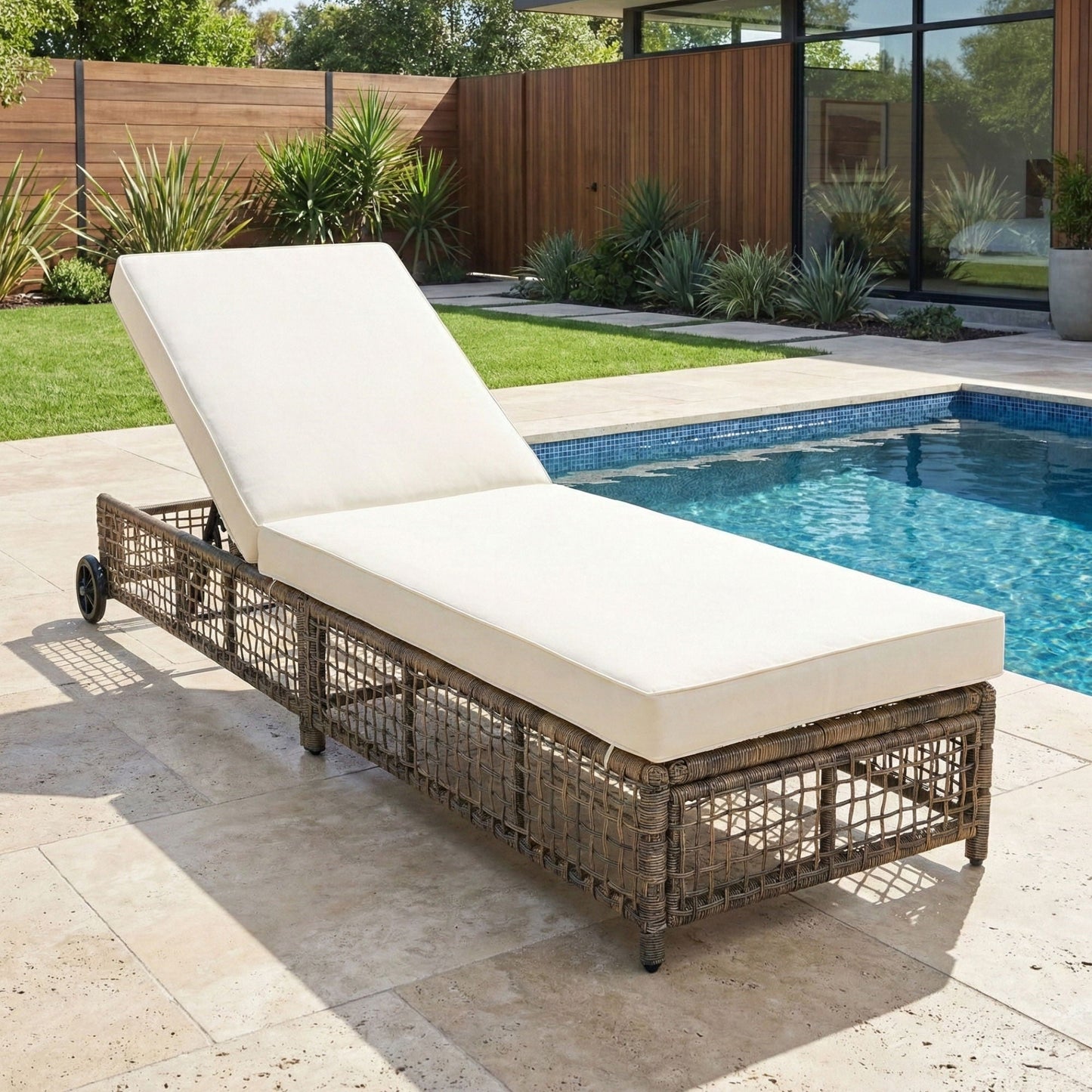 Outdoor Lounge Chair With 5 Position Backrest With Cushion And Wheels