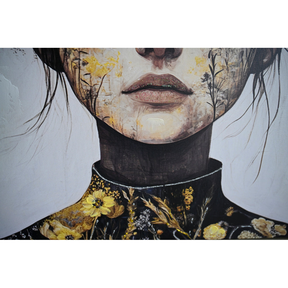 Floral Beauty Lady Canvas Wall Art | Gold & White Framed Print for Bedroom & Living Room — 24×24 Inch