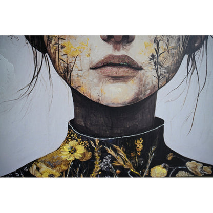 Floral Beauty Lady Canvas Wall Art | Gold & White Framed Print for Bedroom & Living Room — 24×24 Inch