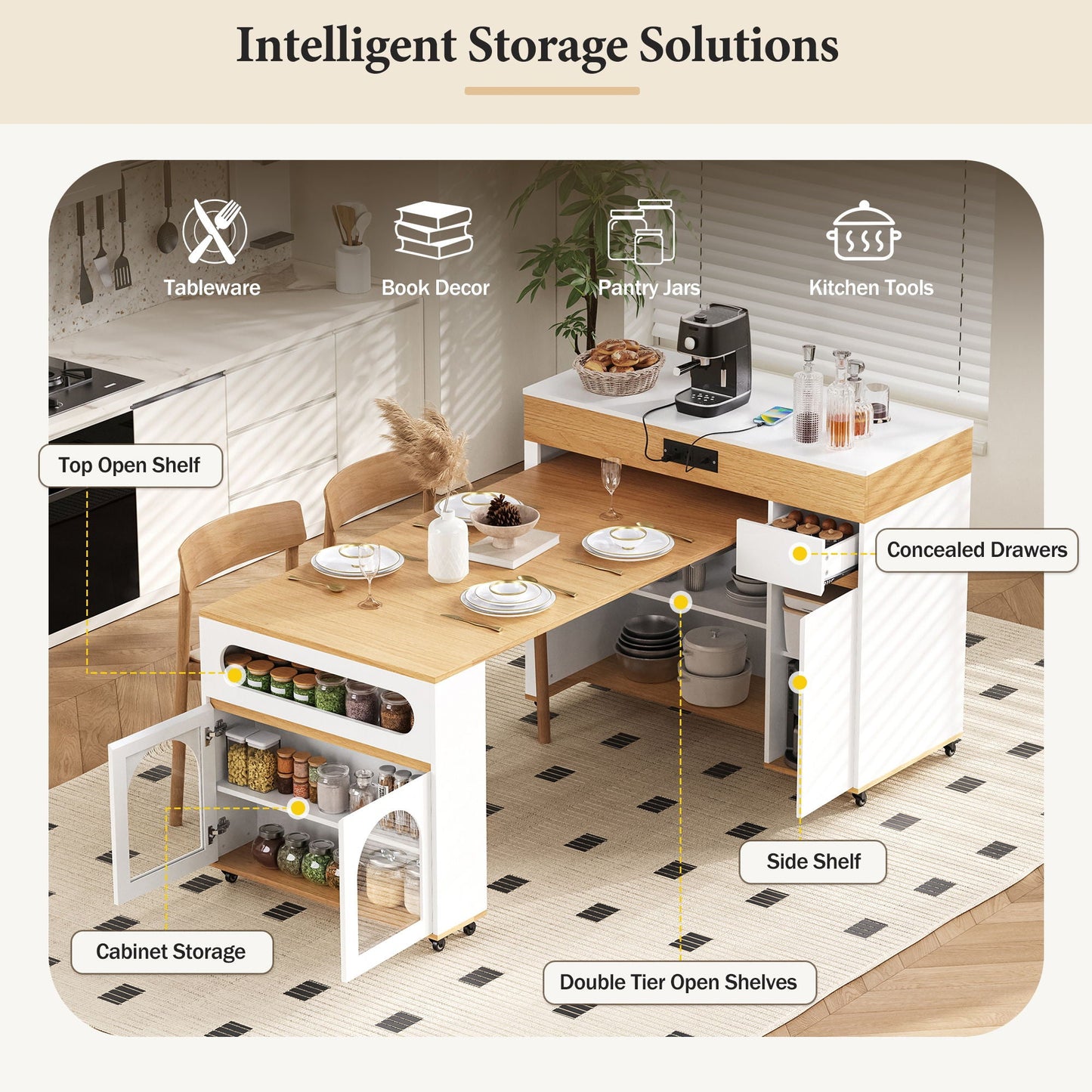 Extendable Dining Table With Folding Top, Rolling Kitchen Island With Drawers And Power Outlet