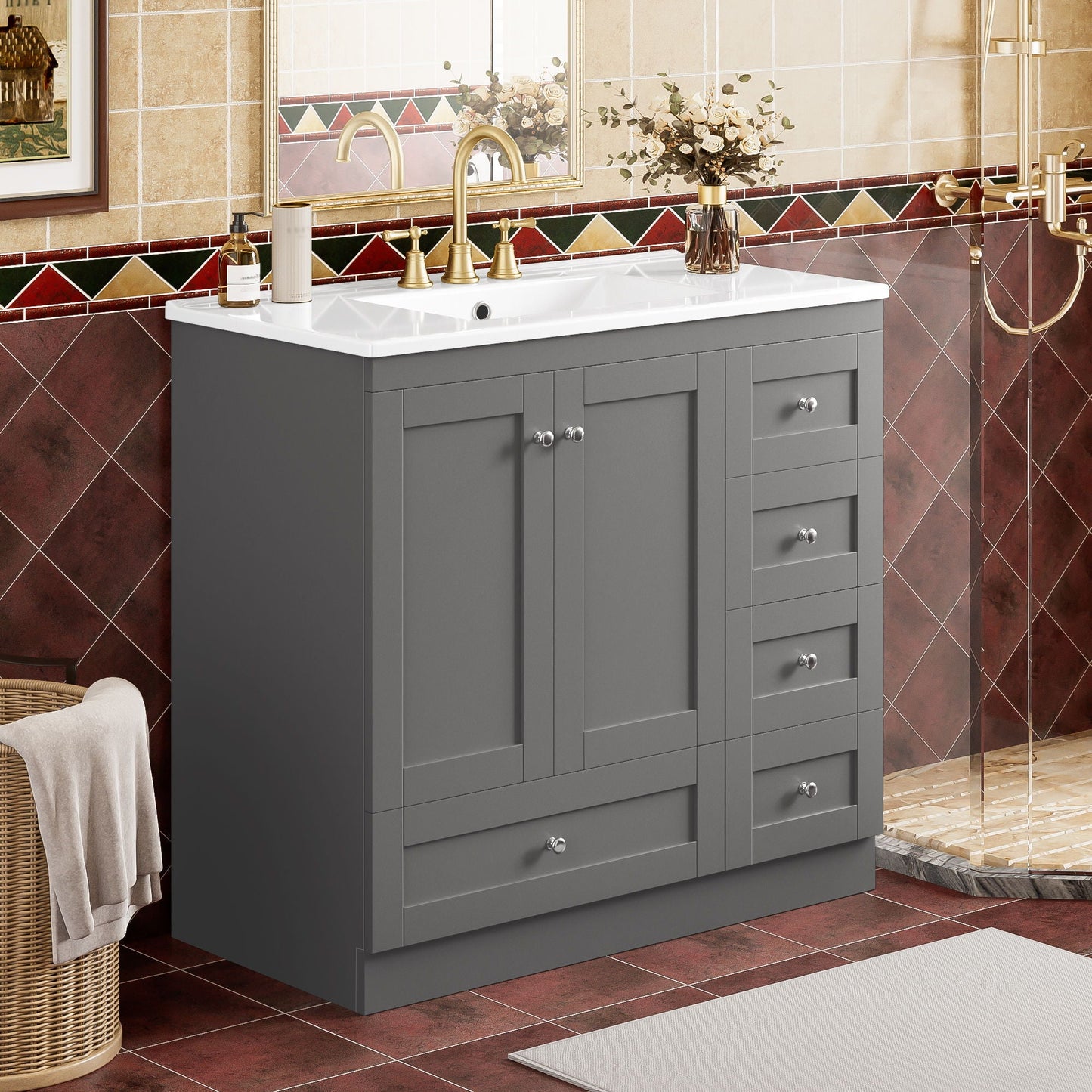 Shaker Free Standing Bathroom Vanity Cabinet & Sink, Soft Close Drawers, Soft Close Doors
