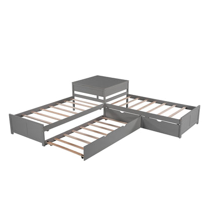 L Shaped Platform Bed With Trundle And Drawers Linked With Built In Desk