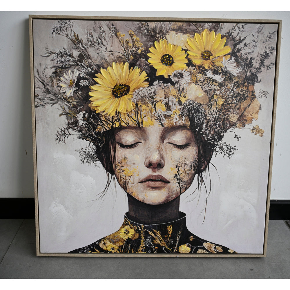 Floral Beauty Lady Canvas Wall Art | Gold & White Framed Print for Bedroom & Living Room — 24×24 Inch