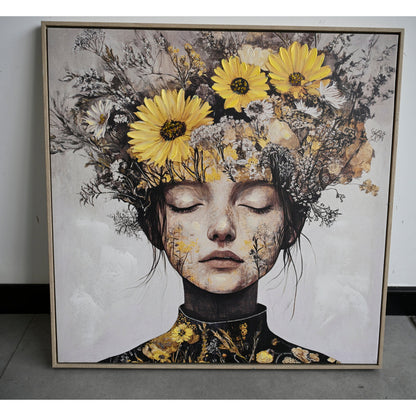 Floral Beauty Lady Canvas Wall Art | Gold & White Framed Print for Bedroom & Living Room — 24×24 Inch