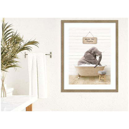 Young Elephant in Modern Bathtub  Wash Your Trunk by Amy Peterson Framed Wall Art Print