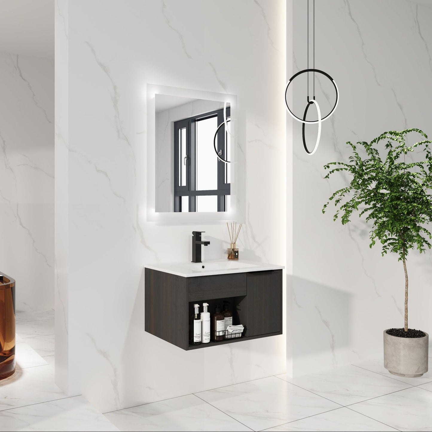 Wall Mounted Floating Bathroom Vanity With Open Shelf & Soft Close Door