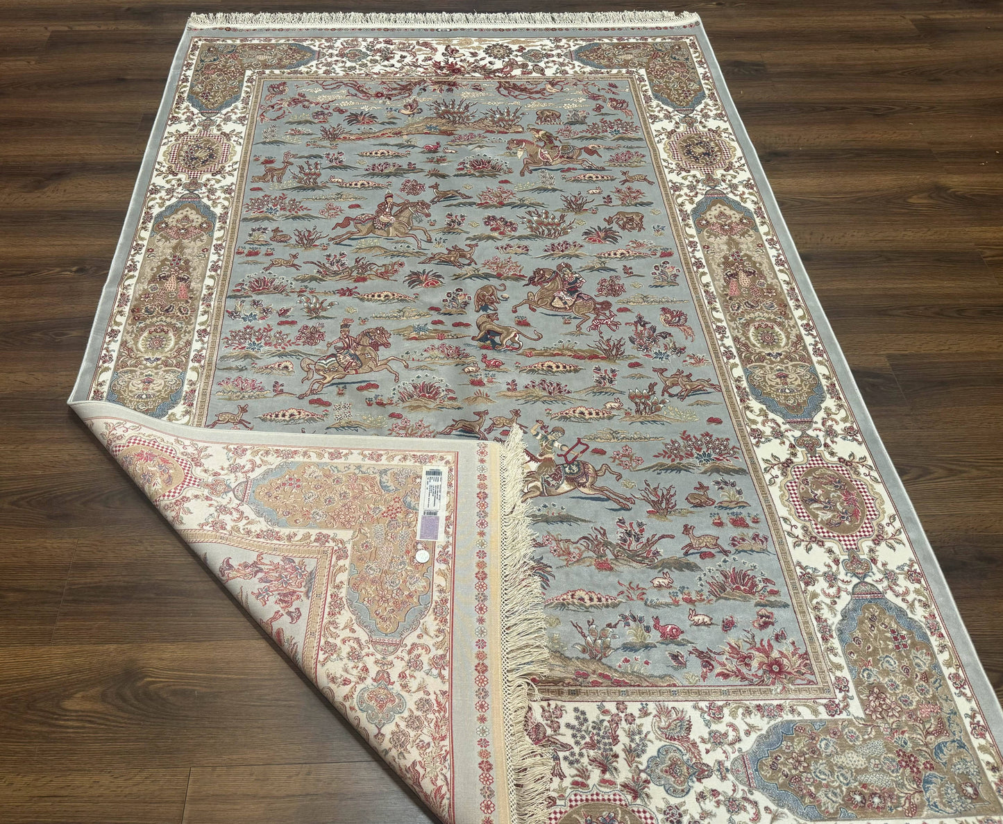 Turkish Silk Rug 5x7, Hunting Design, Animal Pictorials, Bamboo Silk