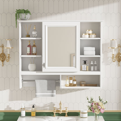 Wall Mount 2 In 1 Mirror Cabinet With Adjustable Shelves, Open Storage, For Bathroom Vanity - White
