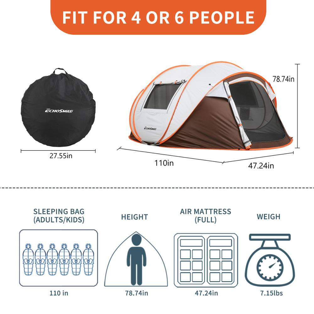 4–6 Person Pop-Up Camping Tent | Instant Setup, Waterproof & Windproof Family Tent with Mesh Ventilation