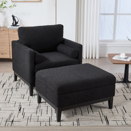 Farmhouse Performance Upholstered Wood Base Square Accent Arm Chair with Ottoman
