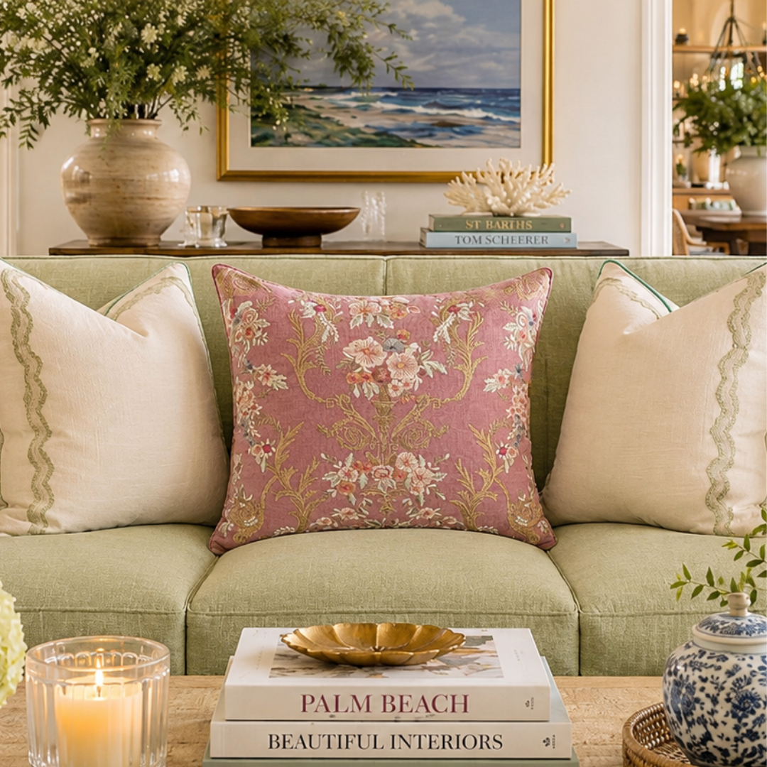 Fontainebleau Embroidered Linen Throw Pillow Cover 18 X 18