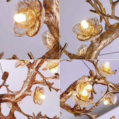 Golden Tree Branch Glass Flower Chandelier