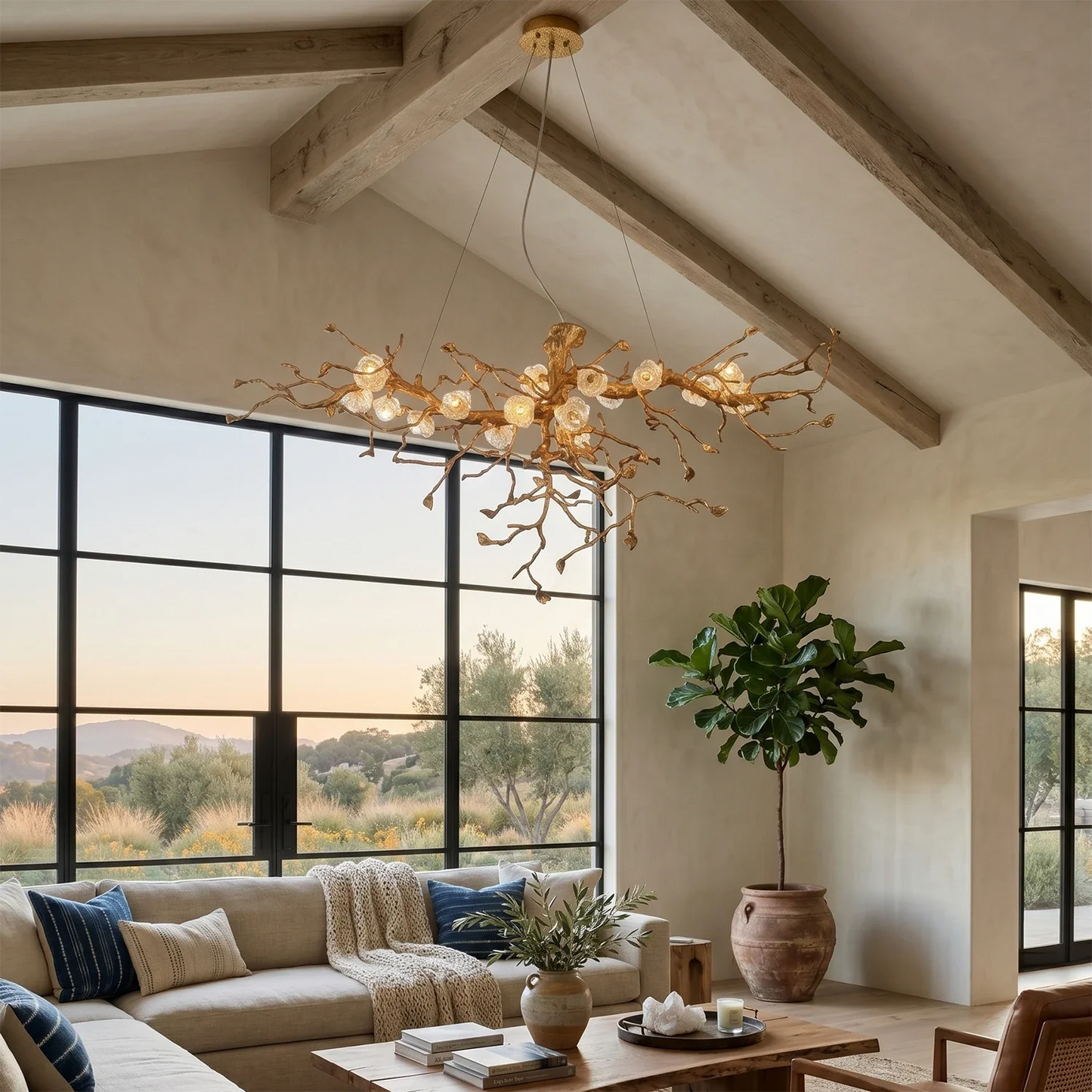 Golden Tree Branch Glass Flower Chandelier
