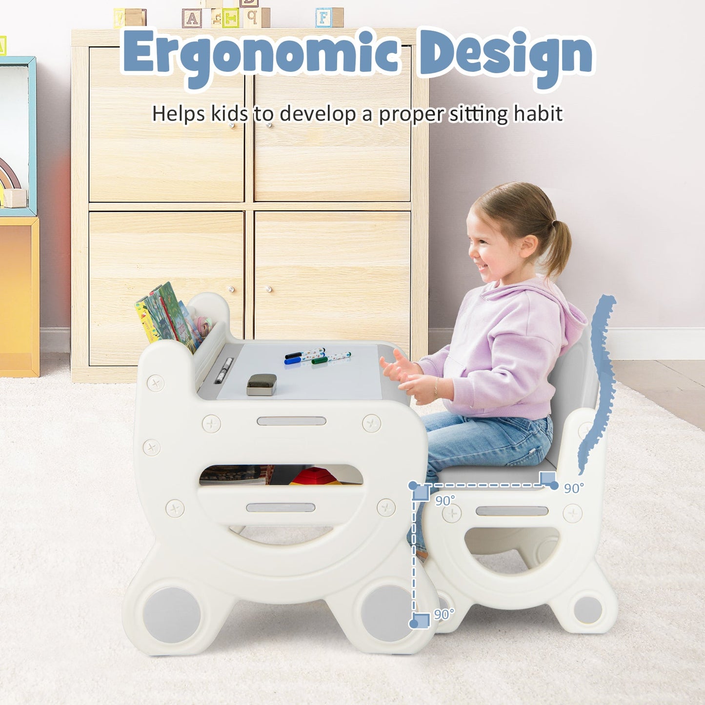 Kids Drawing Table and Chair Set with Watercolor Pens and Blackboard Eraser