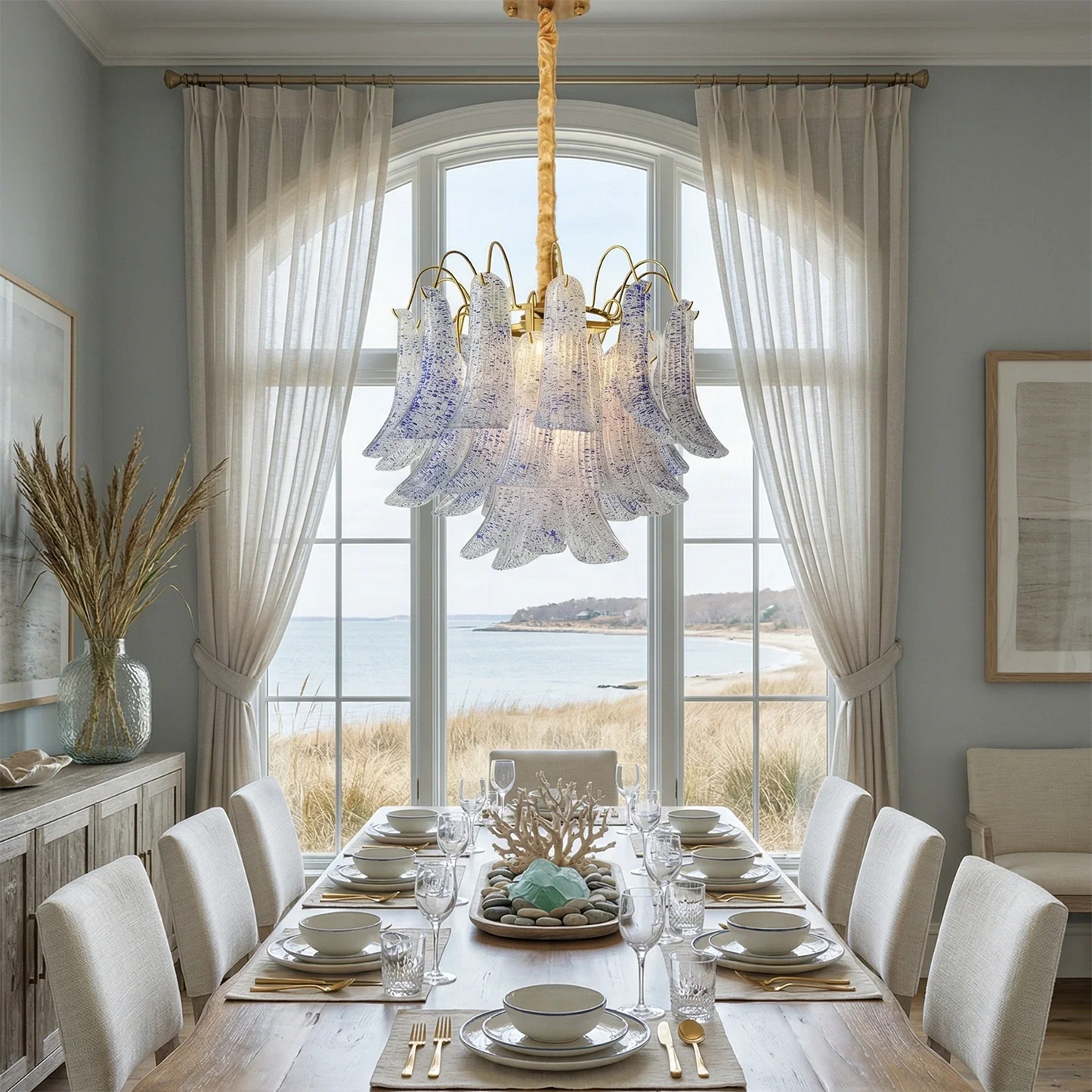 Hand-blown Wave Point Murano Glass Chandelier