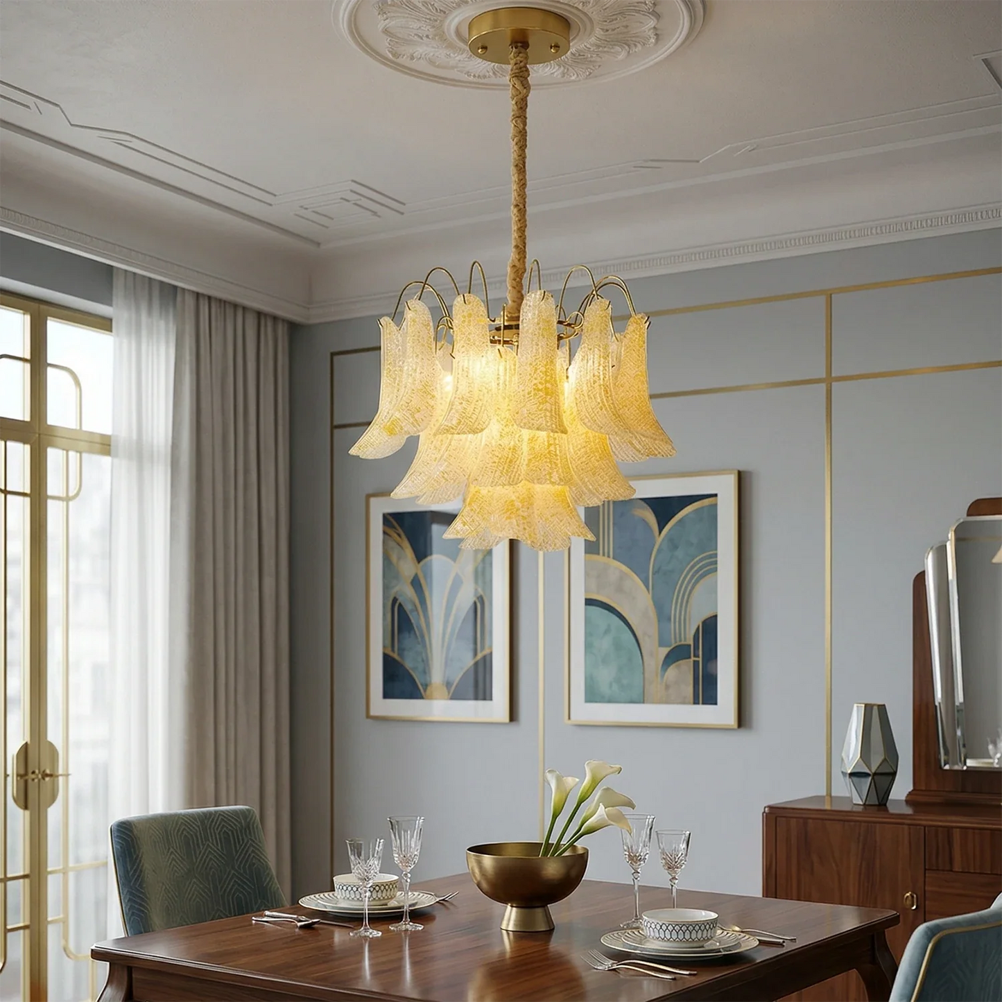 Hand-blown Wave Point Murano Glass Chandelier