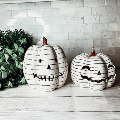 Hand Painted Black White LED Striped Pumpkin Minimalist Fall Halloween Decor