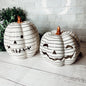 Hand Painted Black White LED Striped Pumpkin Minimalist Fall Halloween Decor