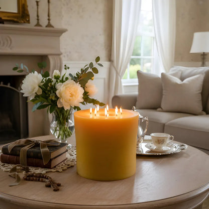 Bonfire Yellow Beeswax Candle Eight-Wick Luxury Statement Pillar 9″ Tall 8″ Wide