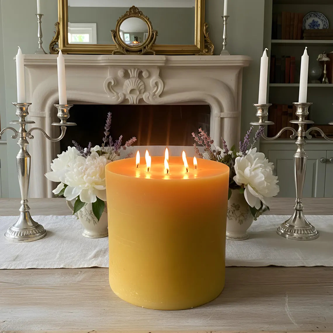 Bonfire Yellow Beeswax Candle Eight-Wick Luxury Statement Pillar 9″ Tall 8″ Wide