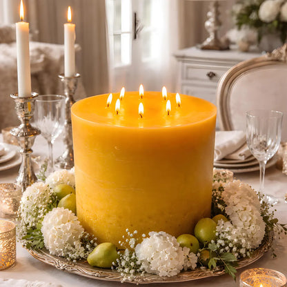 Bonfire Yellow Beeswax Candle Eight-Wick Luxury Statement Pillar 9″ Tall 8″ Wide