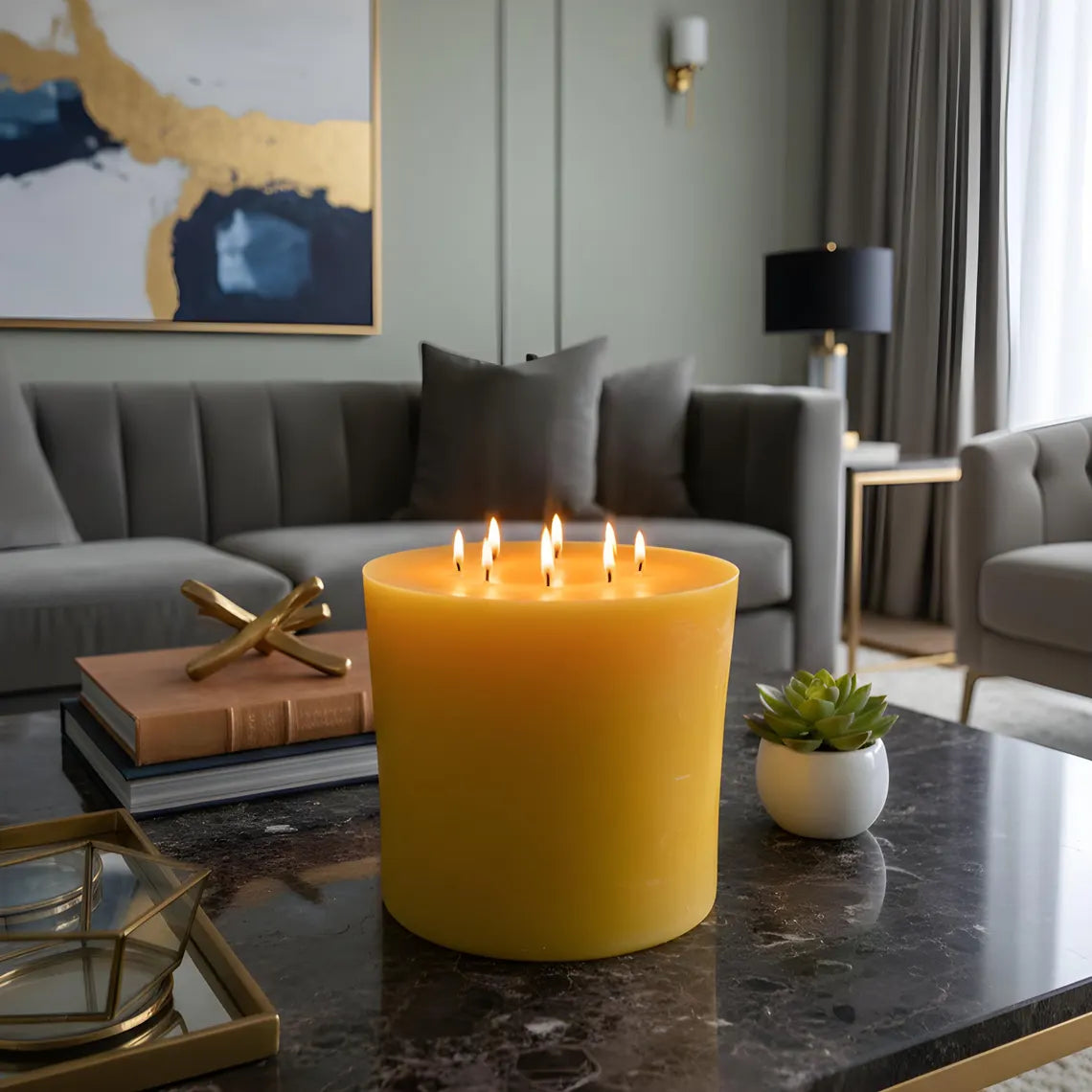Bonfire Yellow Beeswax Candle Eight-Wick Luxury Statement Pillar 9″ Tall 8″ Wide