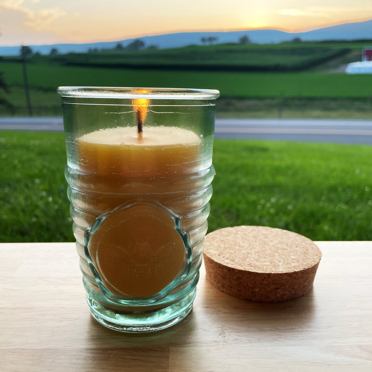 Beeswax Candle in Honeybee Glass Jar Spanish Recycled Glass