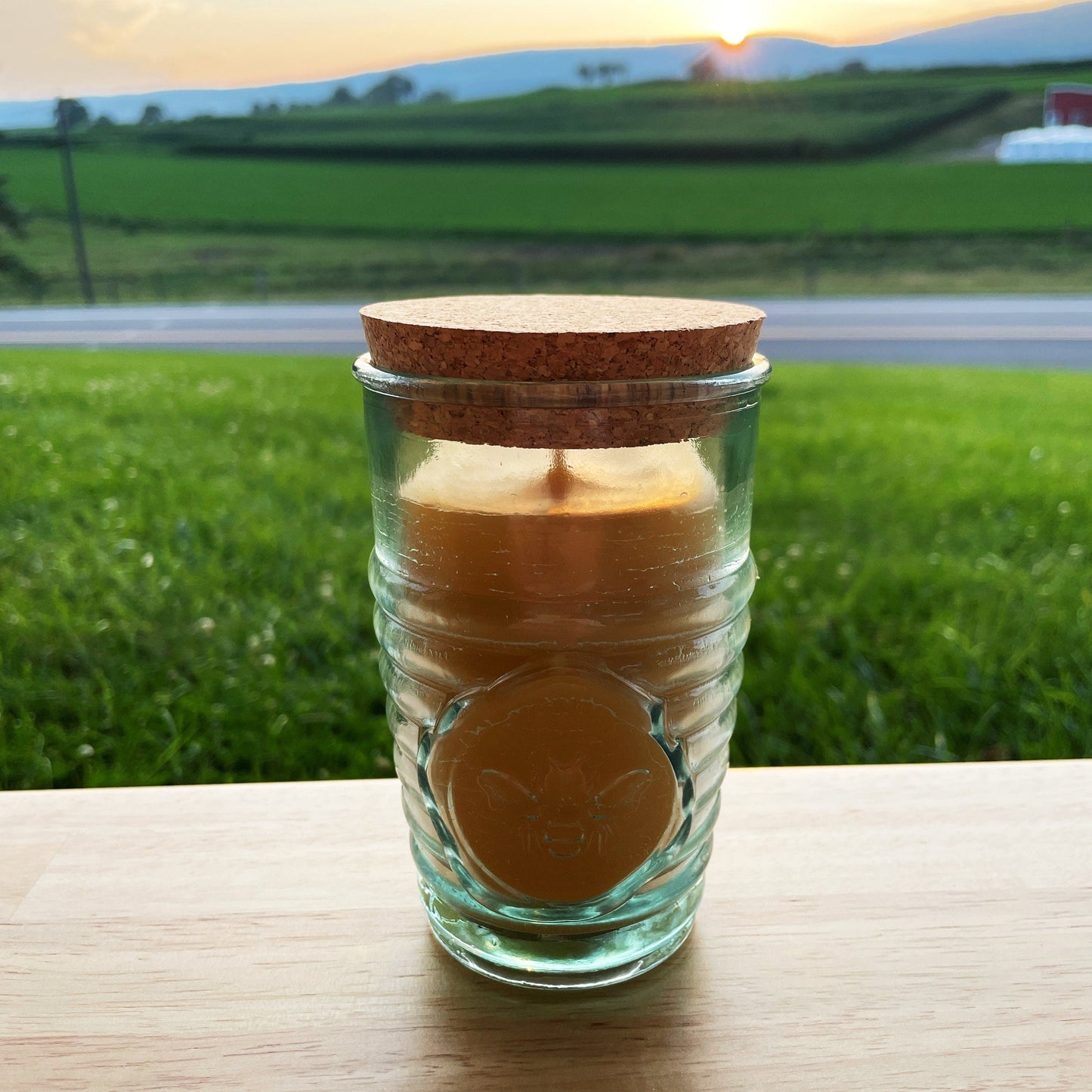 Beeswax Candle in Honeybee Glass Jar Spanish Recycled Glass