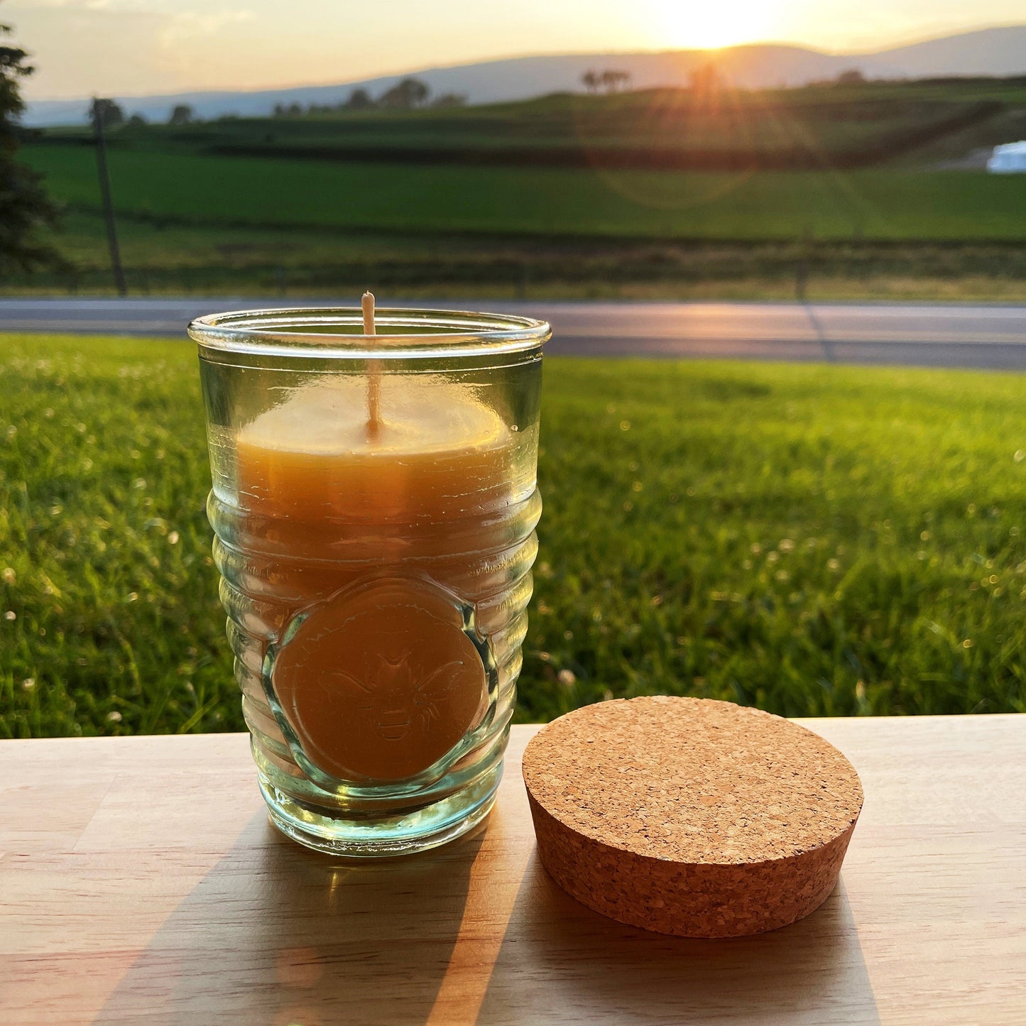 Beeswax Candle in Honeybee Glass Jar Spanish Recycled Glass
