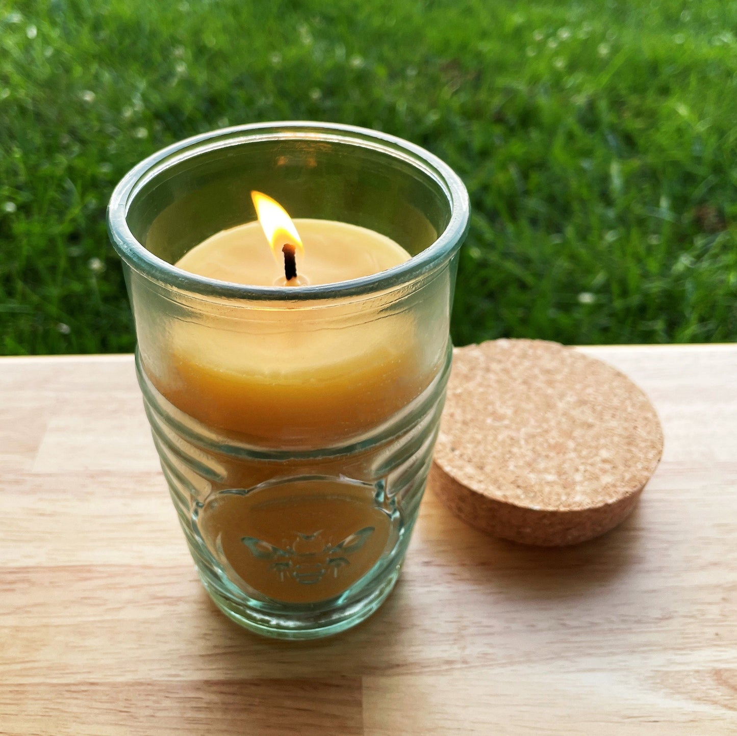 Beeswax Candle in Honeybee Glass Jar Spanish Recycled Glass