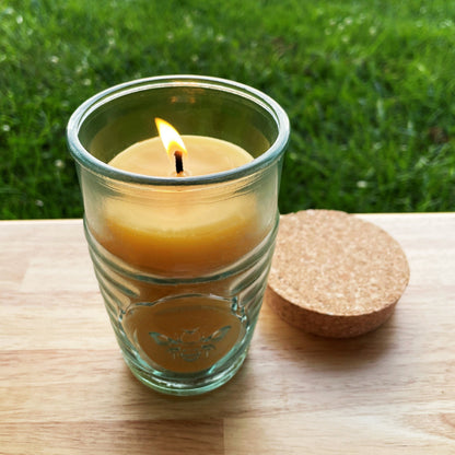 Beeswax Candle in Honeybee Glass Jar Spanish Recycled Glass
