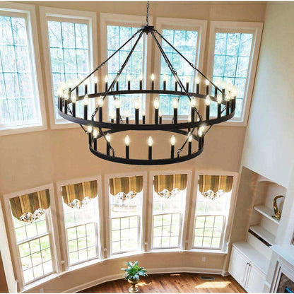 Yikrfiae Black Wagon Wheel Chandelier 2 Tier 54-Lights 60 Inch Extra Large Farmhouse Pendant Light Fixture, Round Rustic Hanging Lighting for Dining Room Kitchen Island Foyer Entryway