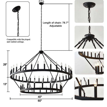 Yikrfiae Black Wagon Wheel Chandelier 2 Tier 54-Lights 60 Inch Extra Large Farmhouse Pendant Light Fixture, Round Rustic Hanging Lighting for Dining Room Kitchen Island Foyer Entryway