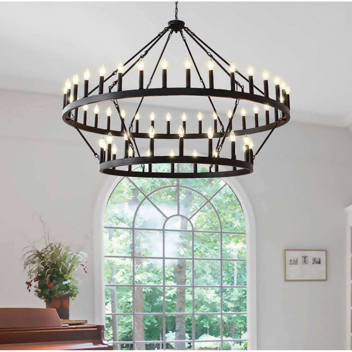 Yikrfiae Black Wagon Wheel Chandelier 2 Tier 54-Lights 60 Inch Extra Large Farmhouse Pendant Light Fixture, Round Rustic Hanging Lighting for Dining Room Kitchen Island Foyer Entryway