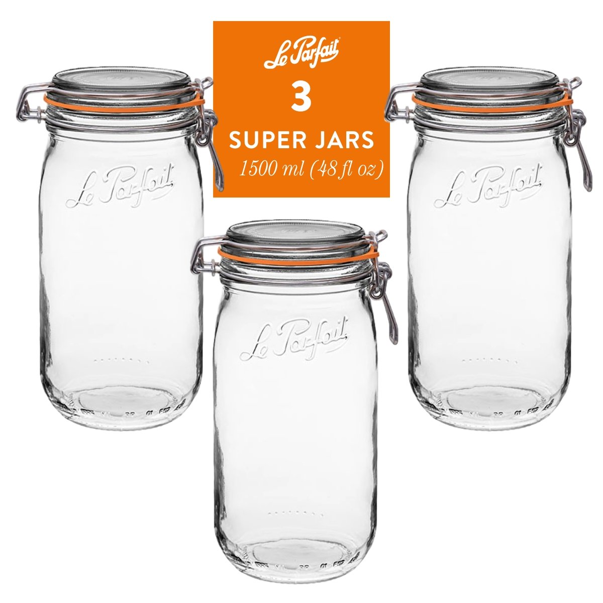 Le Parfait Super Jars, French Glass Canning Jars with Stainless Wire-Bail Clamp Lid