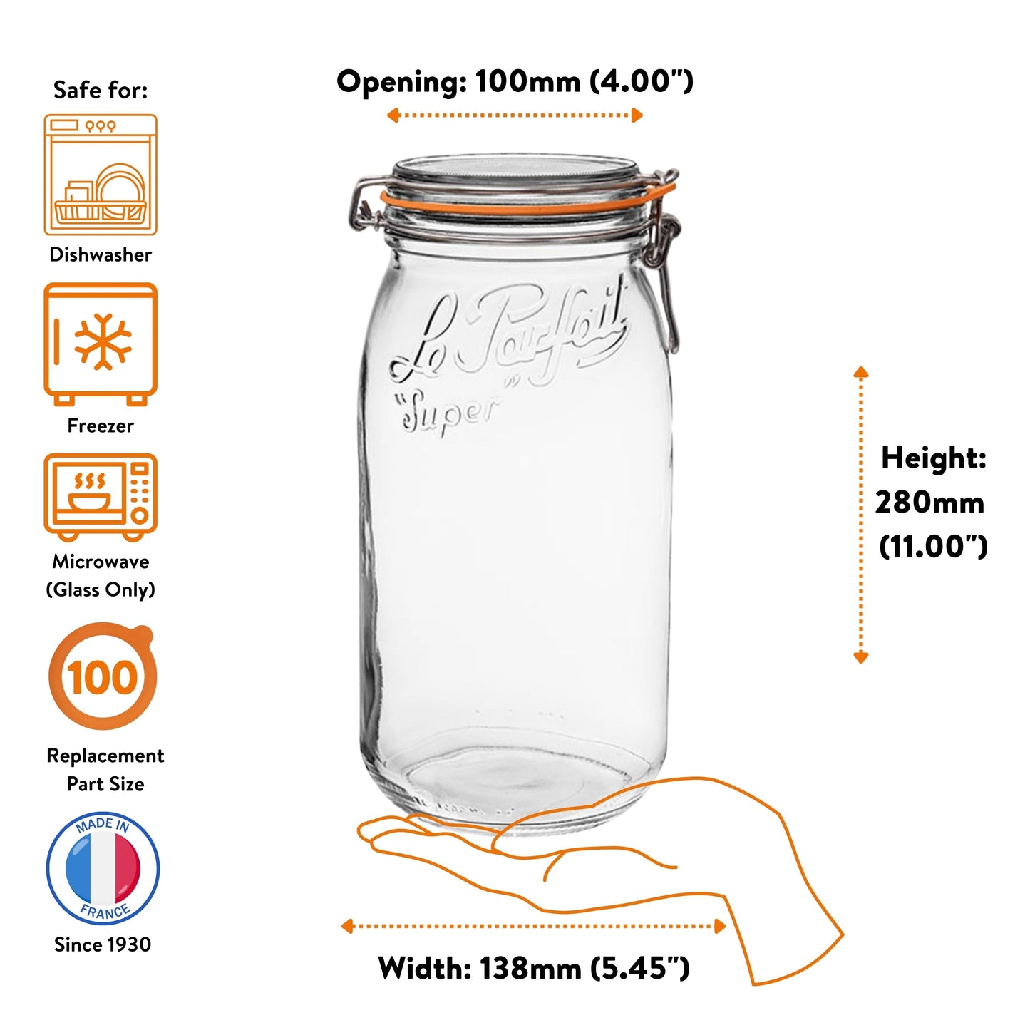Le Parfait Super Jars, French Glass Canning Jars with Stainless Wire-Bail Clamp Lid