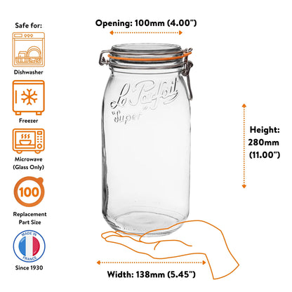 Le Parfait Super Jars, French Glass Canning Jars with Stainless Wire-Bail Clamp Lid