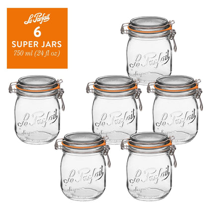 Le Parfait Super Jars, French Glass Canning Jars with Stainless Wire-Bail Clamp Lid