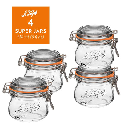 Le Parfait Super Jars, French Glass Canning Jars with Stainless Wire-Bail Clamp Lid