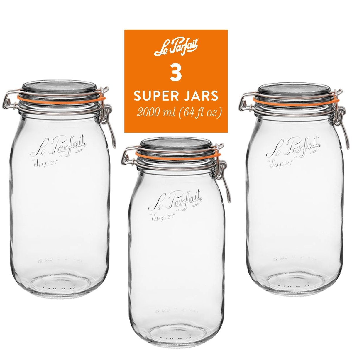 Le Parfait Super Jars, French Glass Canning Jars with Stainless Wire-Bail Clamp Lid