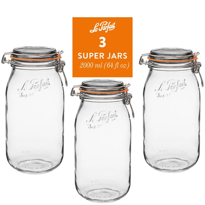 Le Parfait Super Jars, French Glass Canning Jars with Stainless Wire-Bail Clamp Lid