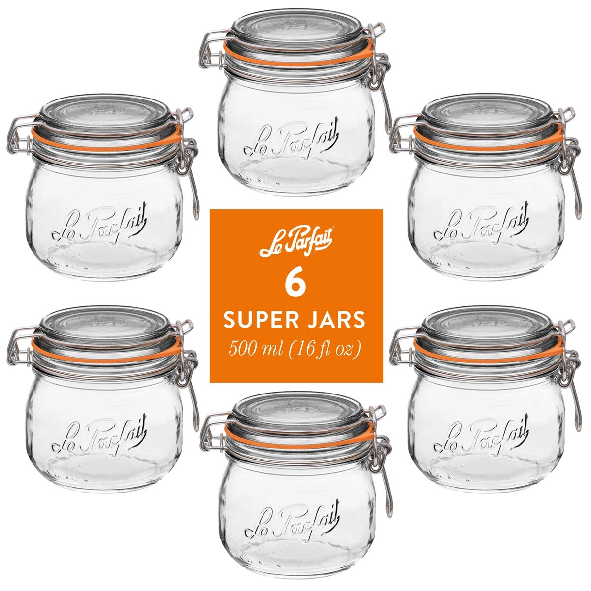 Le Parfait Super Jars, French Glass Canning Jars with Stainless Wire-Bail Clamp Lid