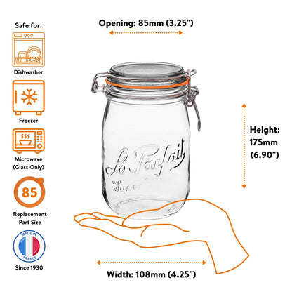 Le Parfait Super Jars, French Glass Canning Jars with Stainless Wire-Bail Clamp Lid