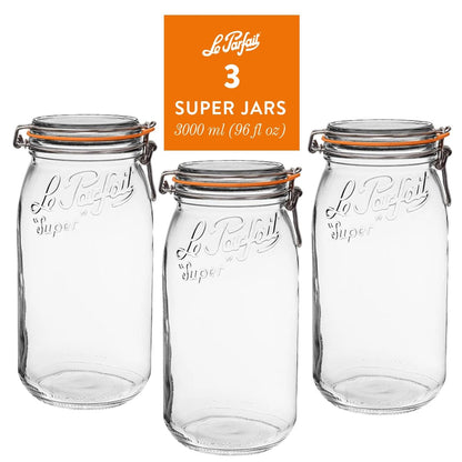Le Parfait Super Jars, French Glass Canning Jars with Stainless Wire-Bail Clamp Lid