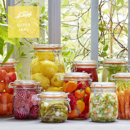 Le Parfait Super Jars, French Glass Canning Jars with Stainless Wire-Bail Clamp Lid